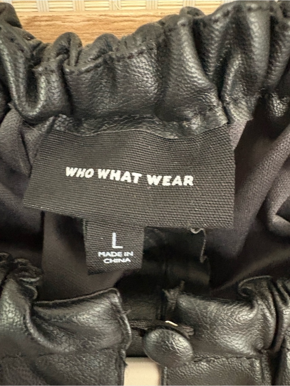 Who What Wear Black Faux Leather Top with Gathered Neckline - Picture 2 of 4